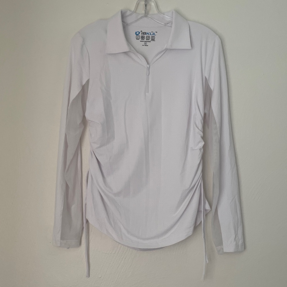 IBKUL Womens Long Sleeve White Ruched Collared Shirt